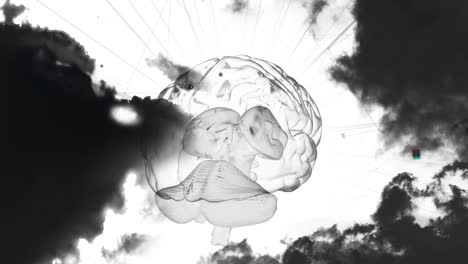 animation of glowing human brain with data processing and clouds