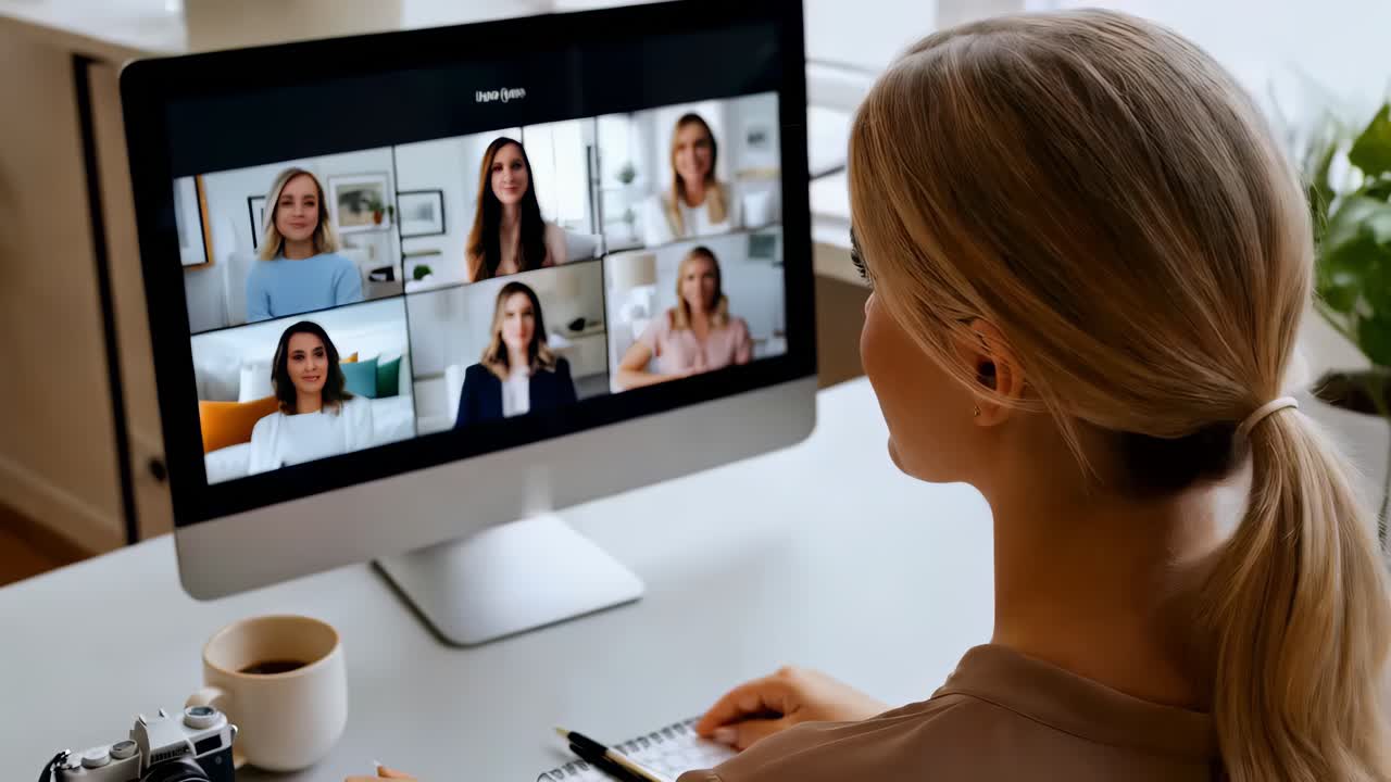 Female person on a video call using a computer desk in a cozy home office setup.