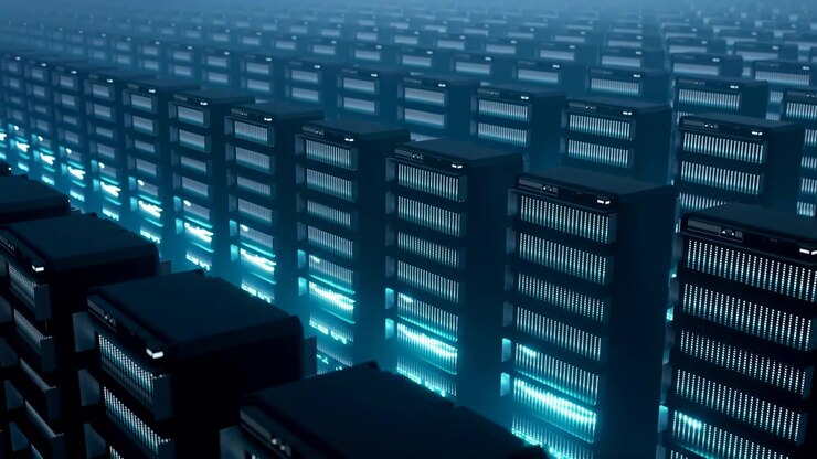 Illuminated equipment racks pass steadily through foreground while dense columns continue toward misty distance, forming a geometric technology interior with blue light and strong depth.