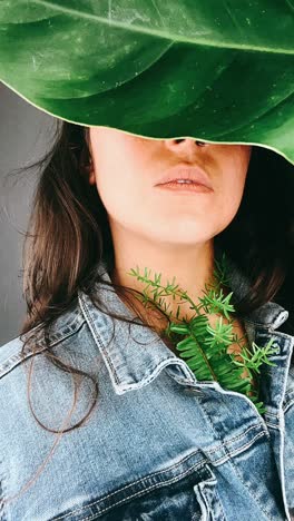 woman with a large green leaf