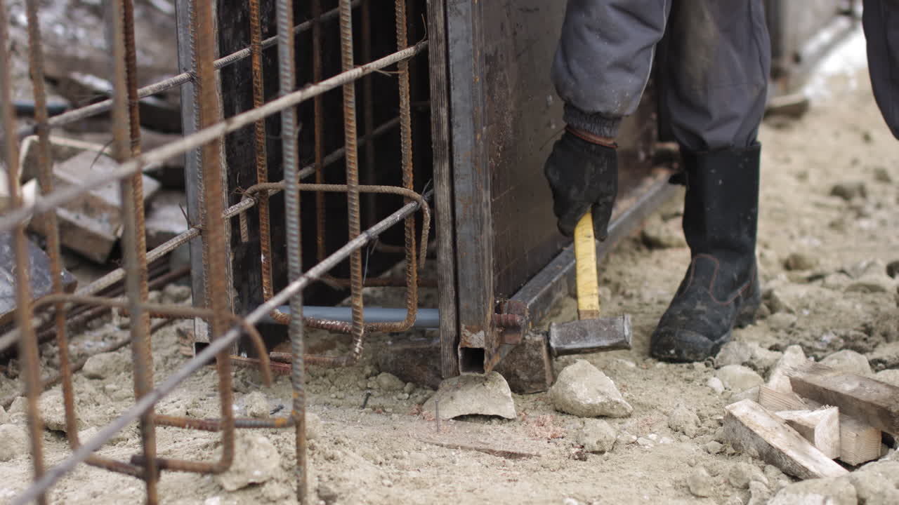 Construction worker using a hammer to adjust formwork on a foundation