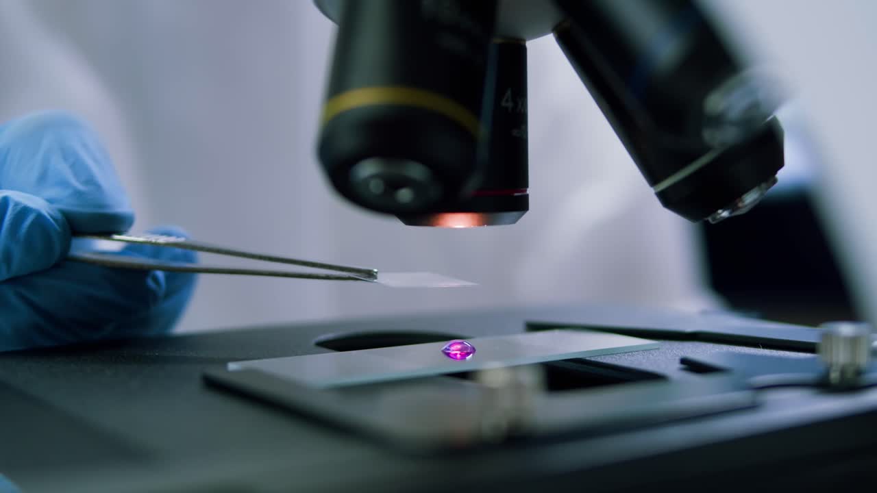 Scientist's Hand Placing Coverslip on Microscope Slide
