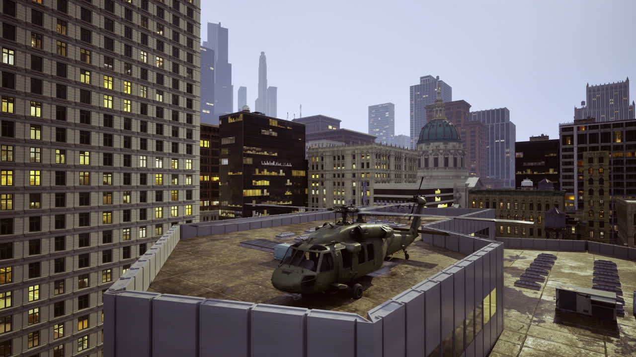 밤 에 도시 지붕 에 있는 군사 헬리터