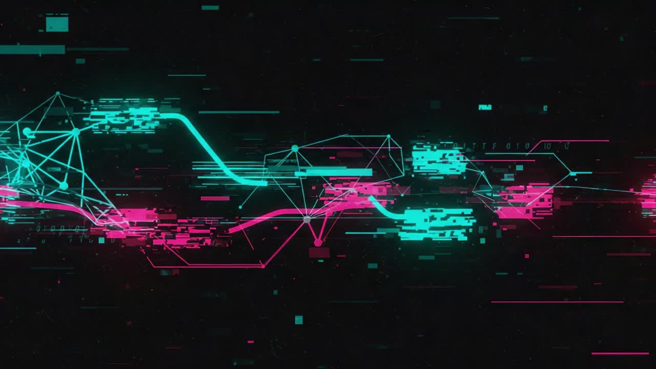 Dynamic Visualization of Abstract Data Flow Featuring Neon Lines and Geometric Shapes with Digital Noise Elements in Vibrant Colors