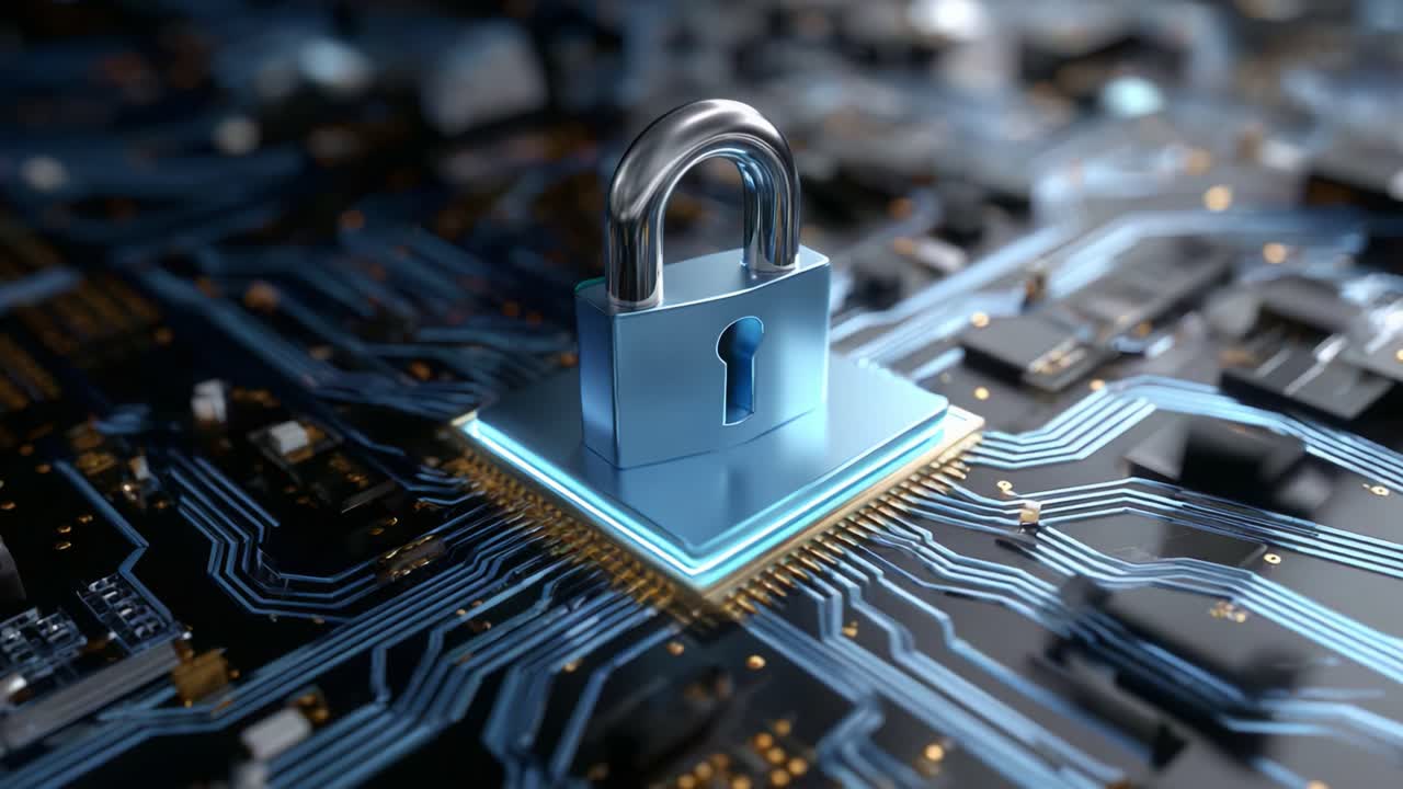 Exploring Digital Security: A Close-Up of a Lock on a Circuit Board Representing Cybersecurity and Data Protection through Advanced Technology