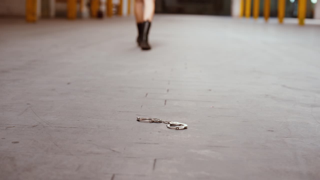 Tattooed female model in black skirt leaves handcuffs behind, gimbal movement, slow motion