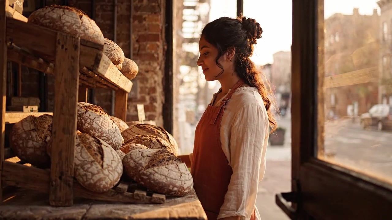 Una scena di panetteria illuminata calorosamente con una giovane donna che ammira il pane artigianale in un negozio rustico, catturando l'essenza dei prodotti da forno freschi e dello spirito comunitario.