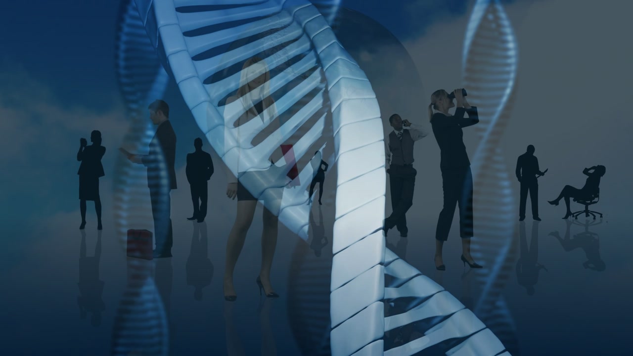 Translucent helix shifting, revealing professional woman stepping forward to showcase biotech team