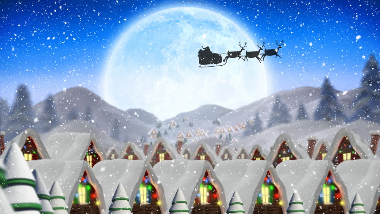 애니메이션 산타 매 타기: 눈이 내린 밤에 보름달 아래에서.