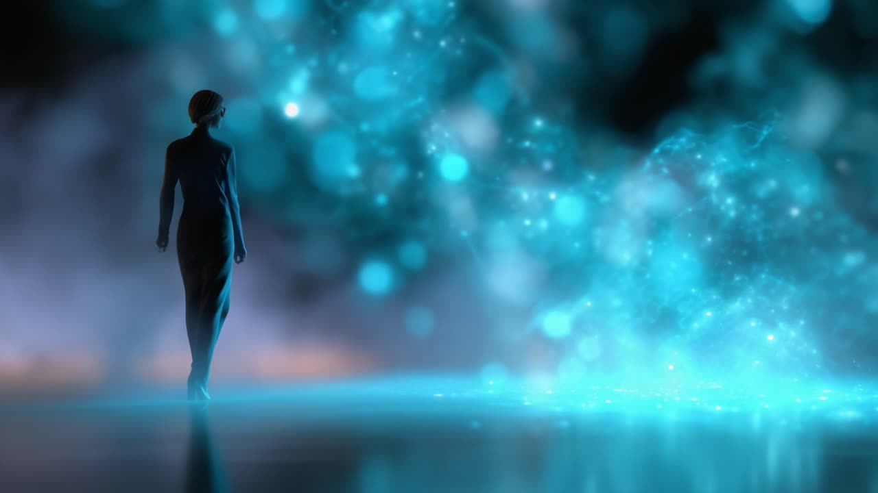 A solitary figure walks through an ethereal world filled with shimmering blue and cyan lights, creating a dreamlike atmosphere of mystery and wonder