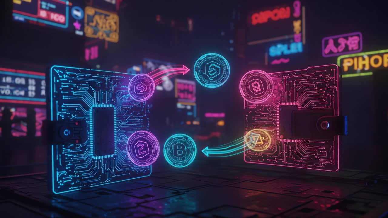 A Visual Representation of Cryptocurrency Transactions in a Futuristic Setting, Highlighting Network Connections and Digital Currency Flow in a Cyberpunk Environment