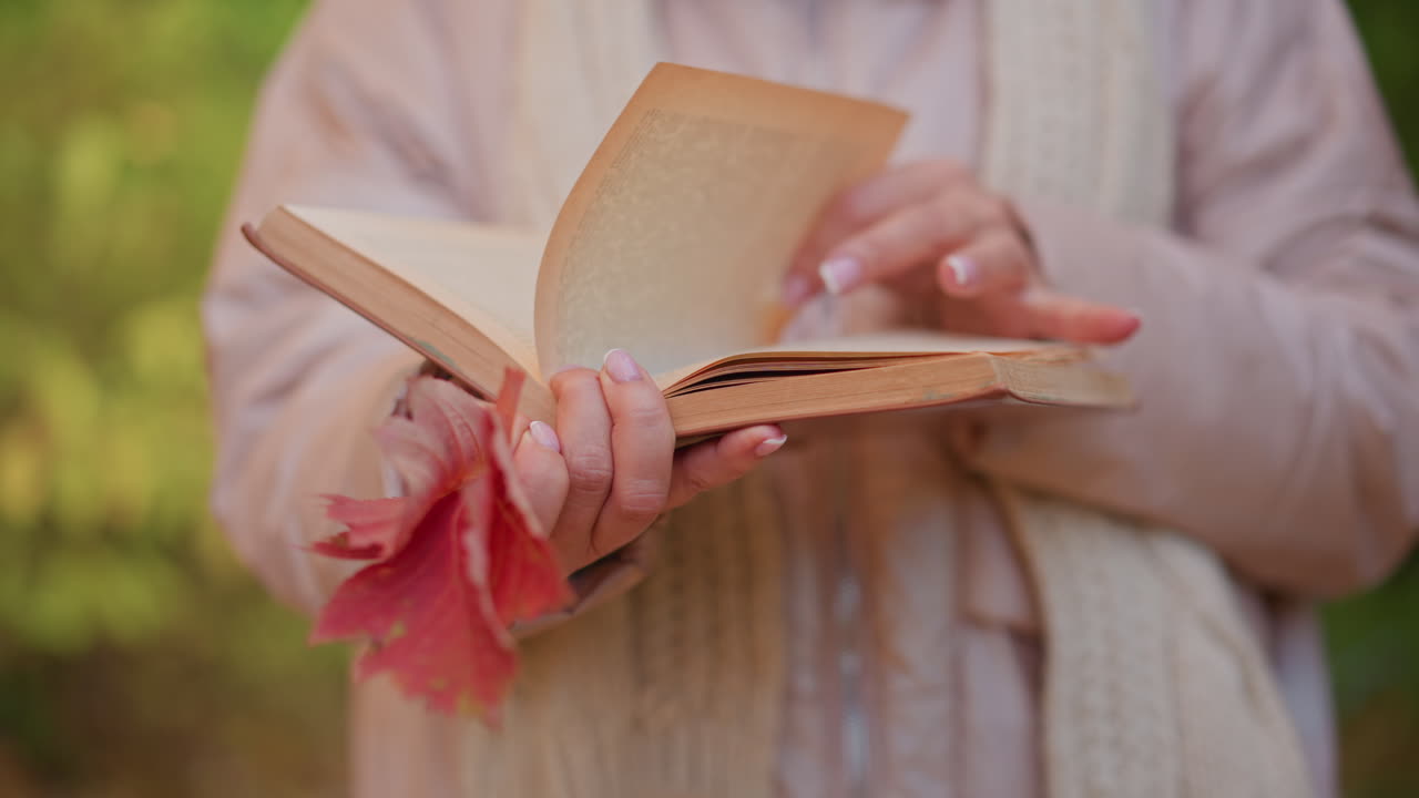 close up of lady walking through autumn forest flipping book page with red leaf in hand, soft light falling on fingers and paper, warm cozy jacket and scarf