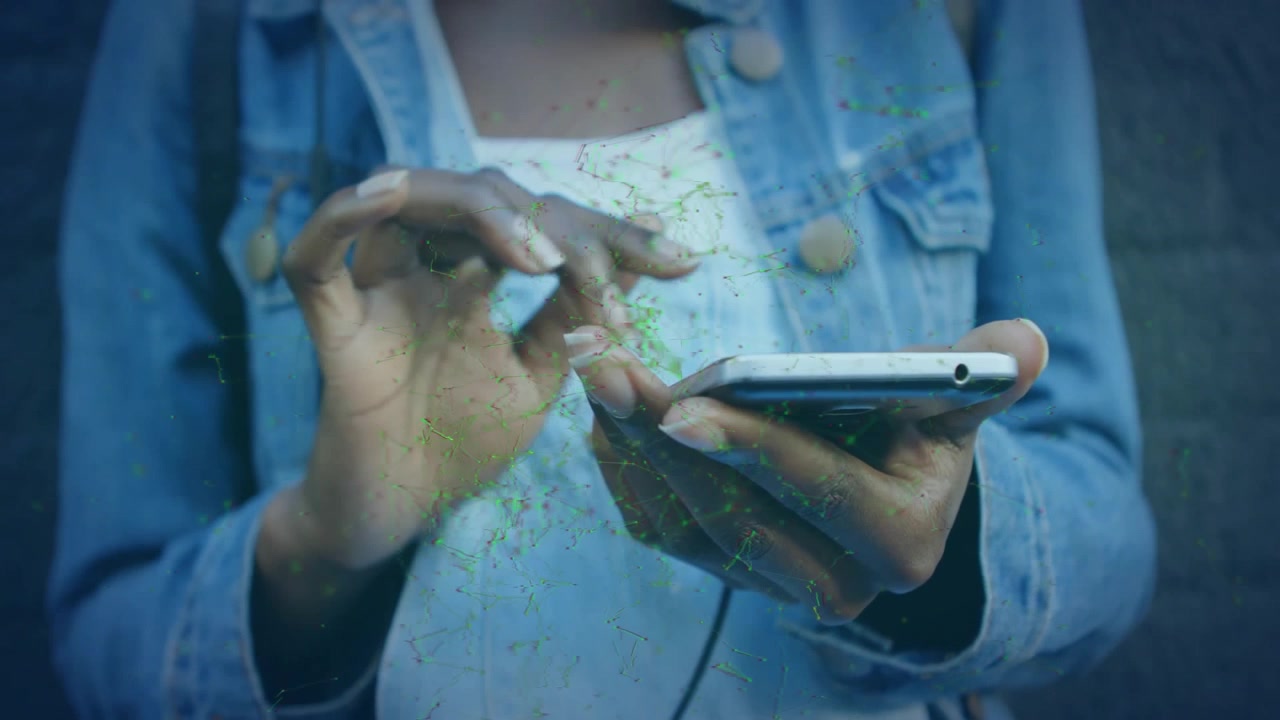 Person Using Smartphone with Digital Network Overlay