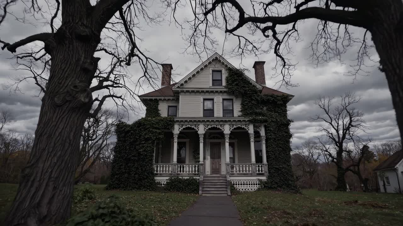 Eerie video still of an old, ivy-covered house under a gloomy sky, captured from a low-angle
