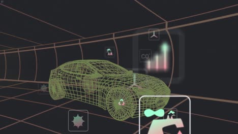animación de iconos digitales sobre el icono del coche en un patrón sin costuras contra un fondo gris.