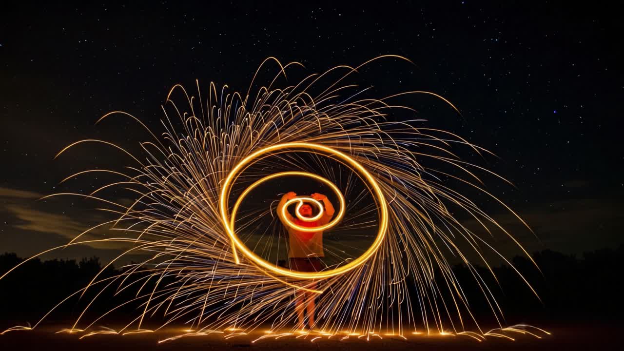 A mesmerizing display of spinning fire creates stunning light trails against a starry night sky, showcasing artistic movement and vibrant energy in an enchanting atmosphere