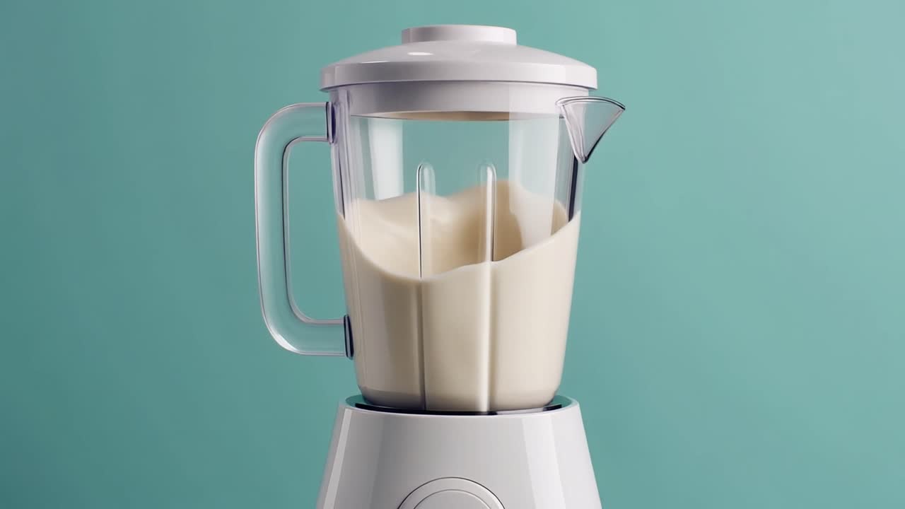 Latte che viene versato in un frullatore bianco