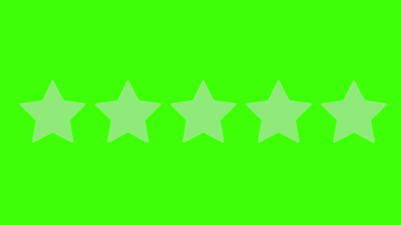5 five yellow stars rating icon on green screen or chroma key.Movie review: five out of five. Vip Category superior class premium score animation.