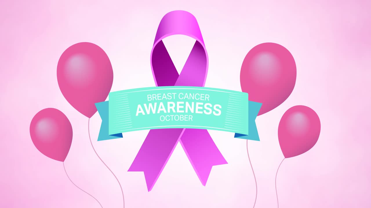 분홍색 리본 로고와 유방암 텍스트 위에 날아다니는 분홍색 풍선의 애니메이션