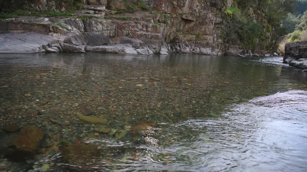Dynamic close-up of fast flowing river water moving over rocks with visible current and natural motion