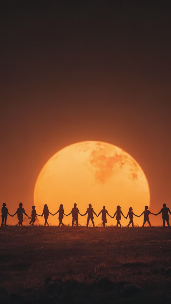 A Unified Silhouette of Humanity Against a Glowing Moon: An Inspiring Vision of Togetherness, Connection, and Hope Illuminated by Celestial Light