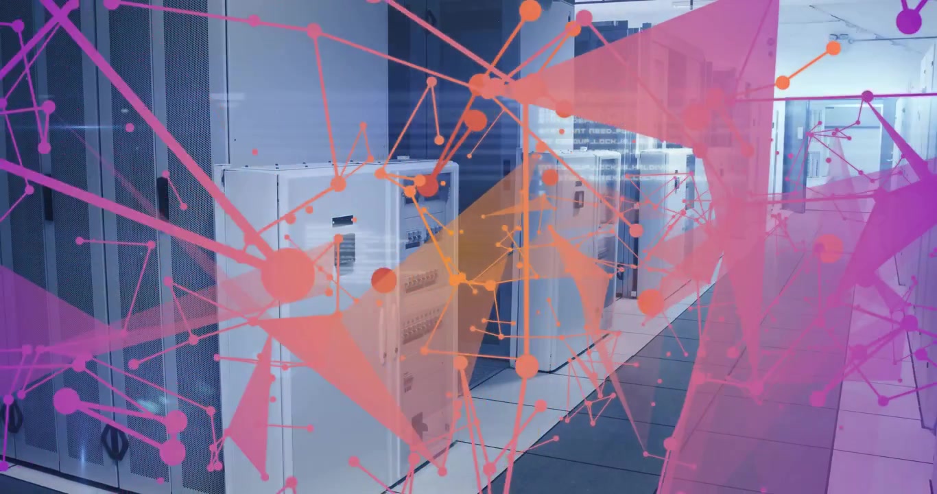 Animated node web drifting in over row of white server cabinets, visualizing data flow and fading