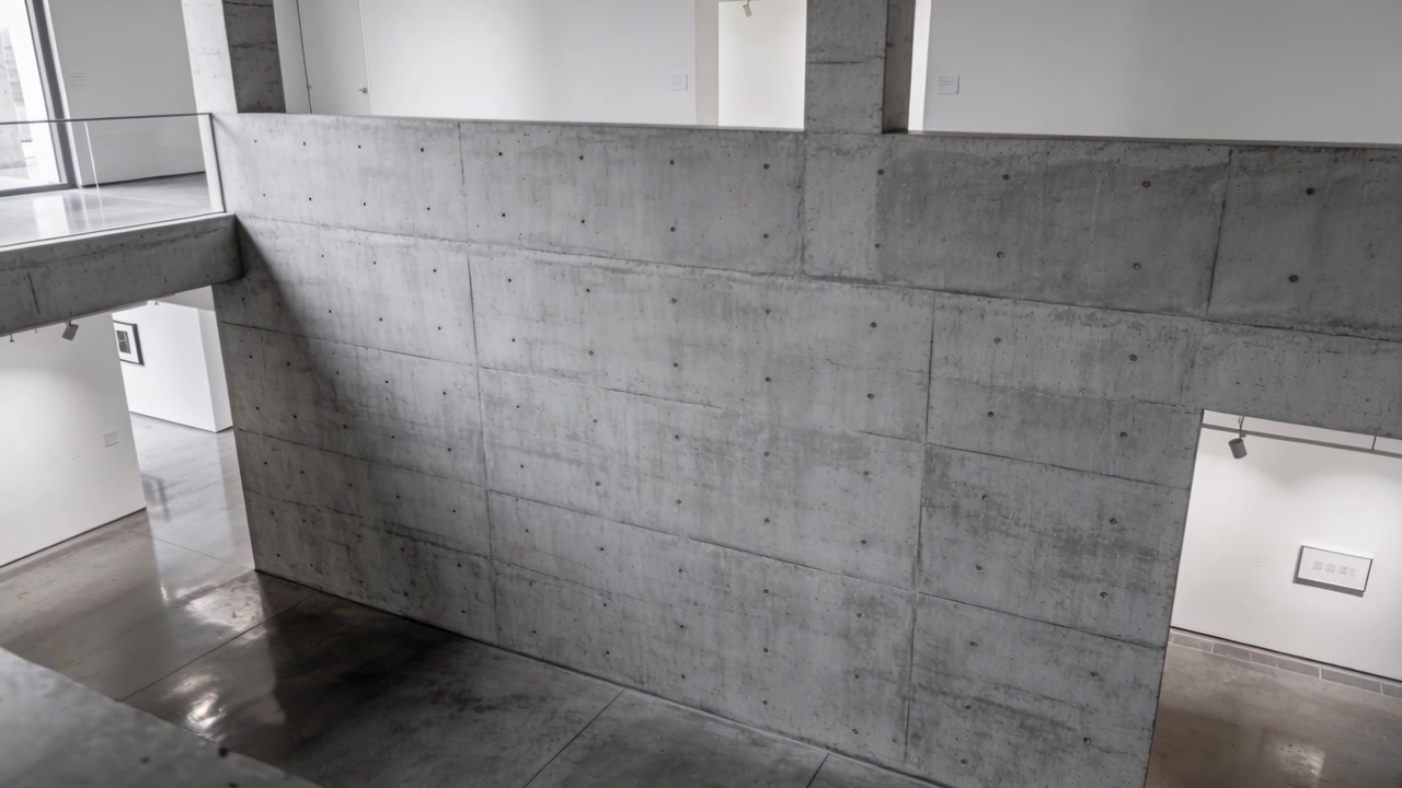 Câmera inclinada revelando divisória de concreto em galeria para mostrar obra emoldurada, com corrimão de vidro
