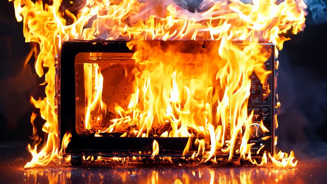 un horno de microondas en llamas con humo saliendo de él