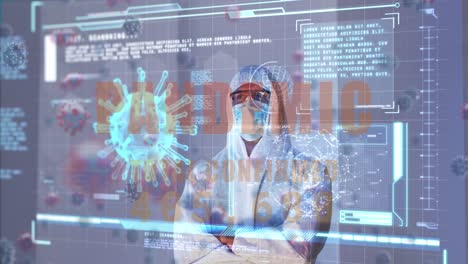 Animation-of-pandemic-text,-virus-cells,-digital-interface-over-male-doctor-wearing-face-mask