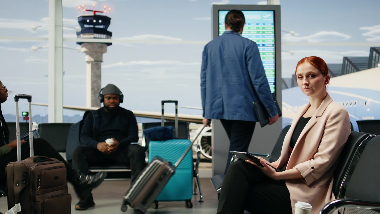 Retrato de empresaria en el aeropuerto preparándose para una cumbre de negocios en el extranjero
