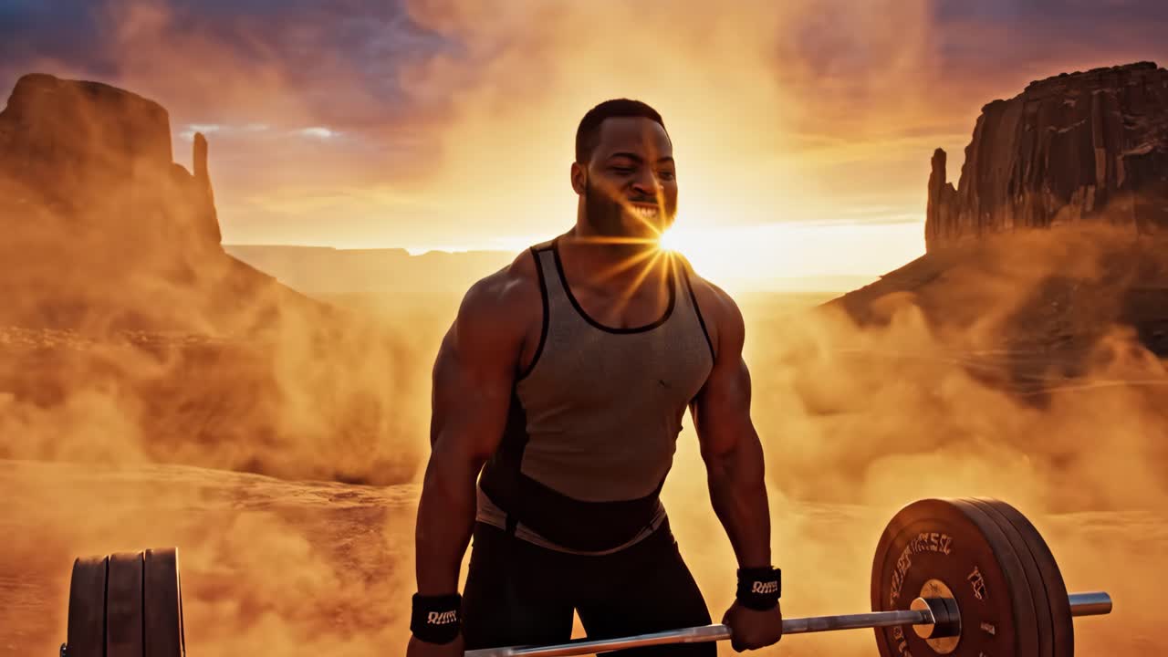 Weightlifter in the Desert at Sunset