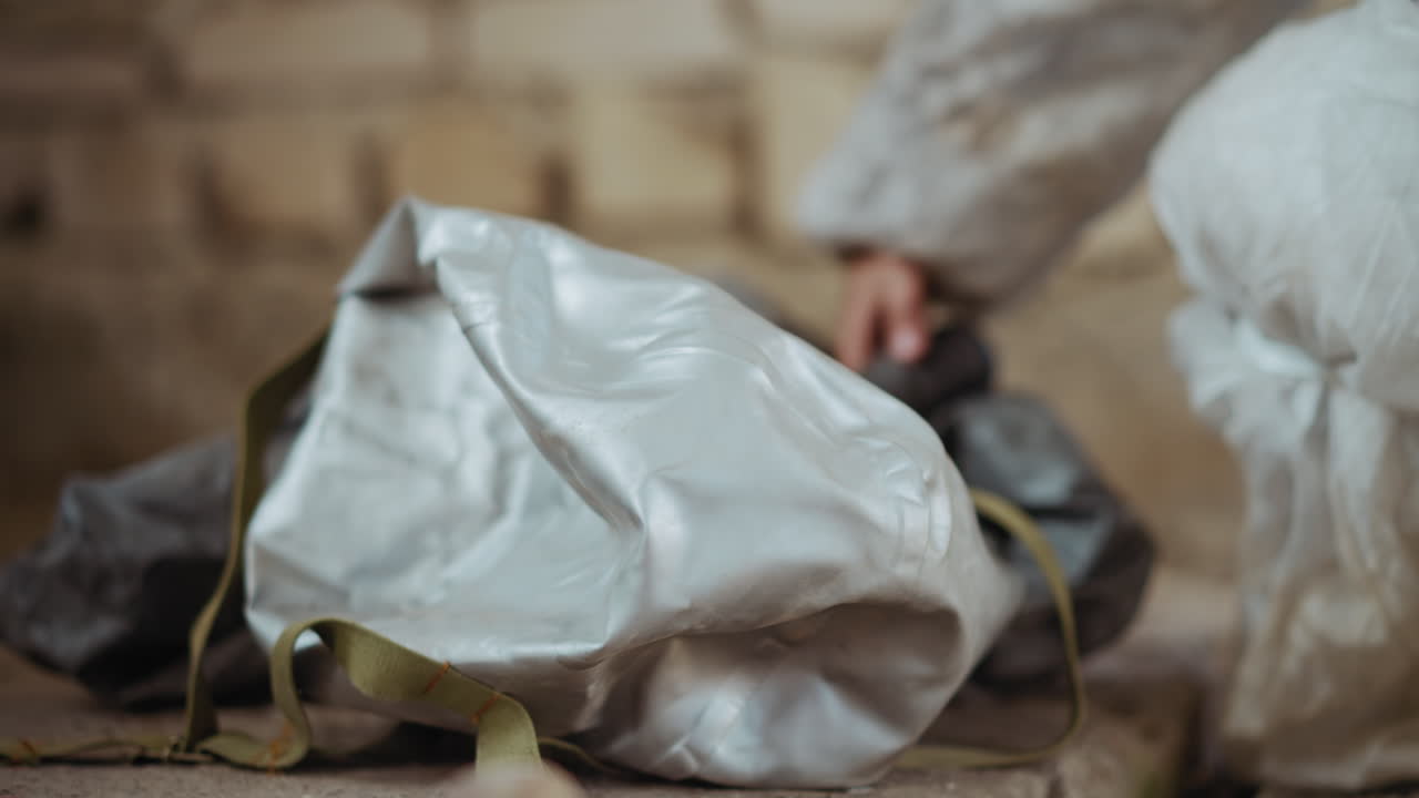 Close up of individual in white hazmat suit reaching toward protective mask lying on cracked dusty ground, with light softly reflecting off smooth material