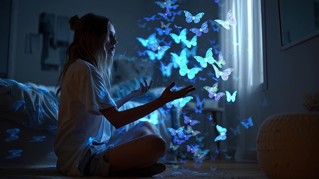Ragazza crea magia con farfalle illuminate in una camera da letto accogliente