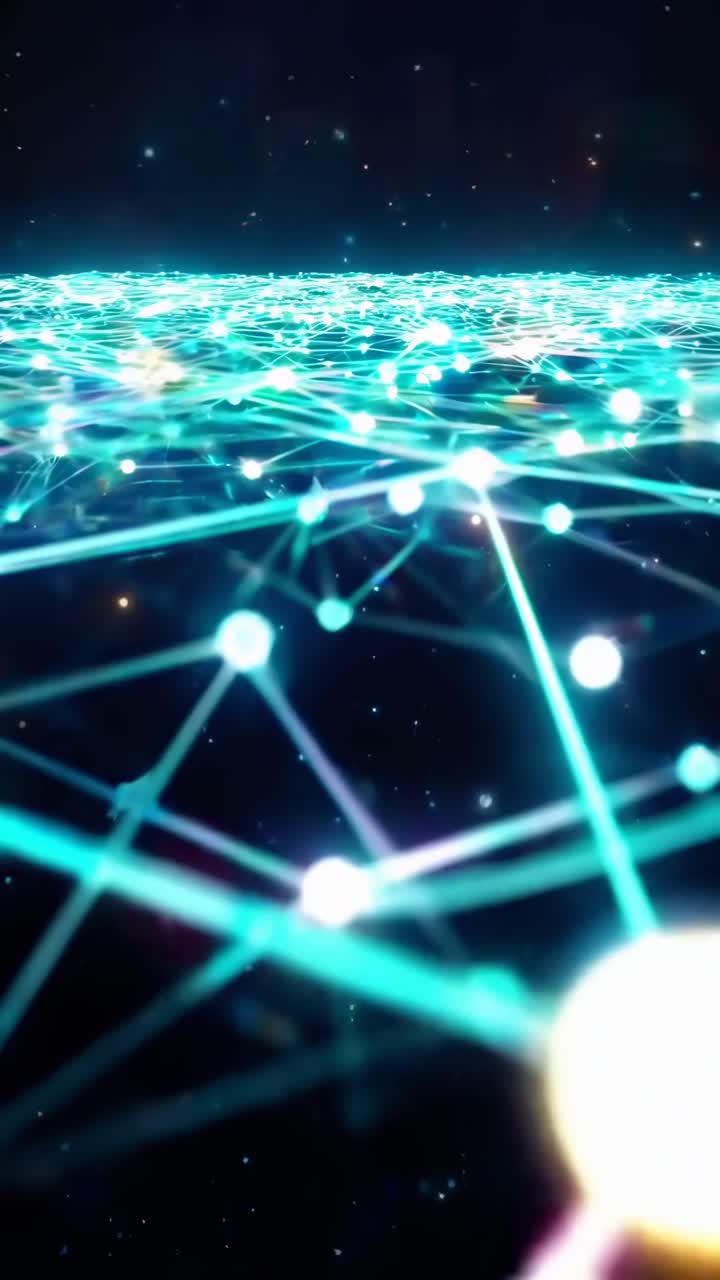 Futuristic network grid with glowing nodes, viewed from a low angle, ideal for tech video