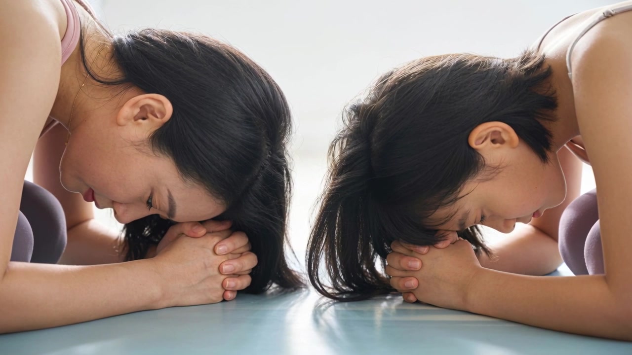 운동복을 입은 두 아시아 여성이 스튜디오 파란색 매트 위에서 거울 이마 받침대를 잡고 시작 자세를 취하고 있다.