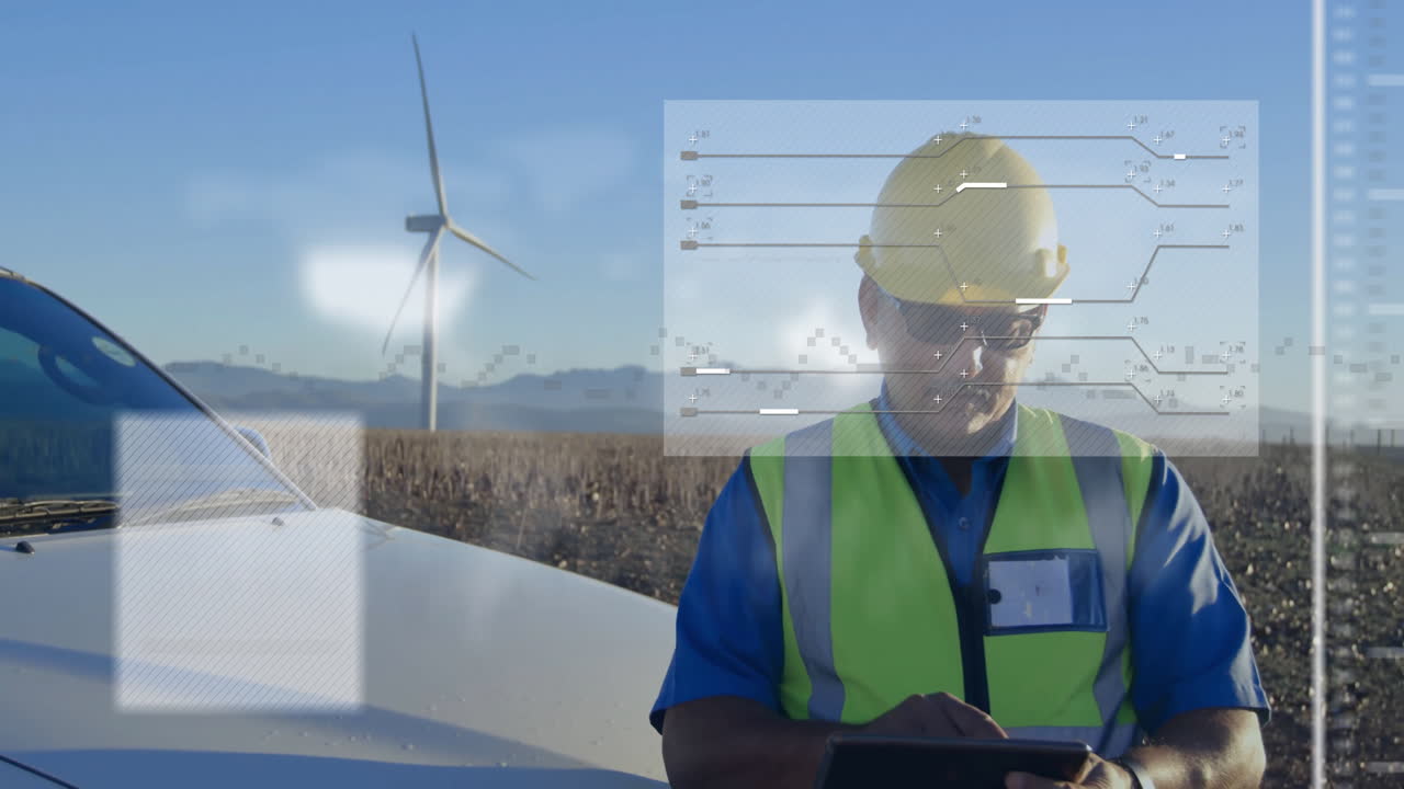 engineer using tablet next to vehicle in wind energy farm, interacting with floating data overlays