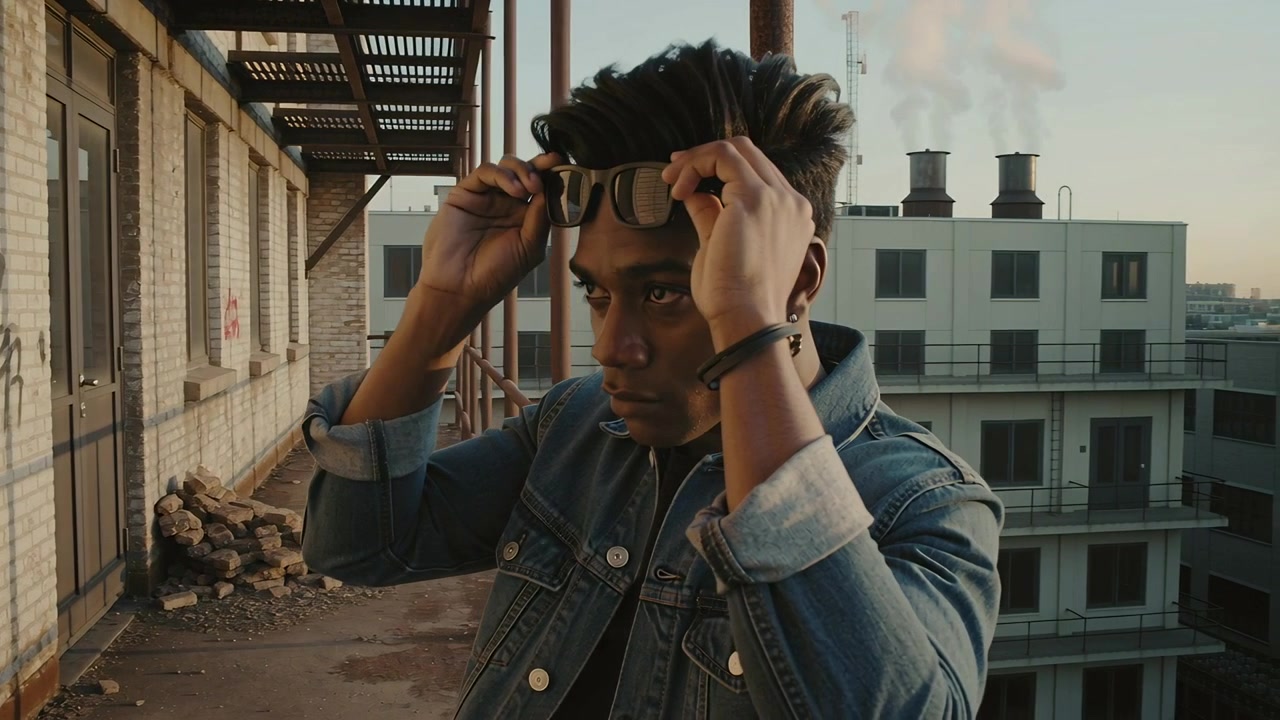 Holding sunglasses at forehead, man in denim raising frames, pulling down toward skyline on rooftop