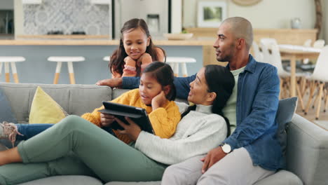happy family, couch and parents streaming