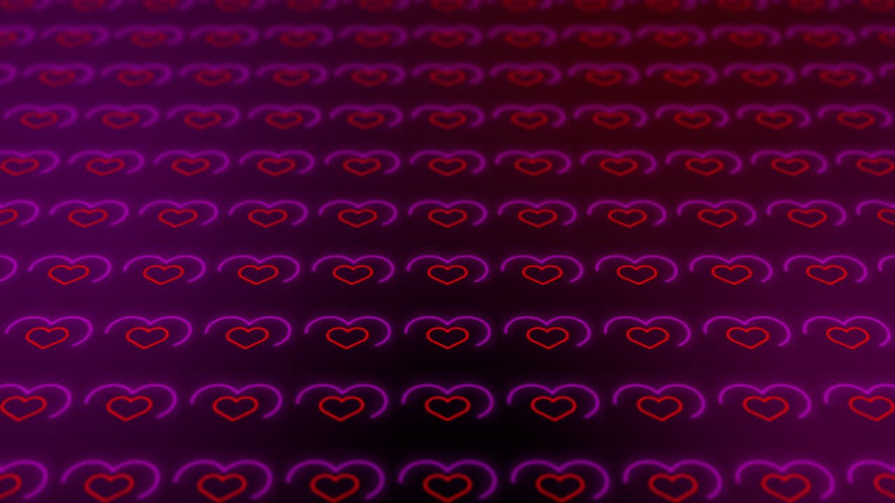 Looped background with red neon hearts. Repeating moving wedding pattern. Dark background with glowing love symbols.