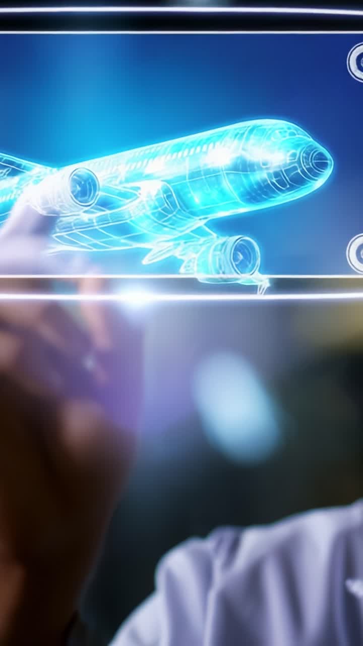 Innovative Technology: A Close-Up View of a Hand Interacting with a Holographic Airplane Model Representing Advanced Aviation Concepts and Designs