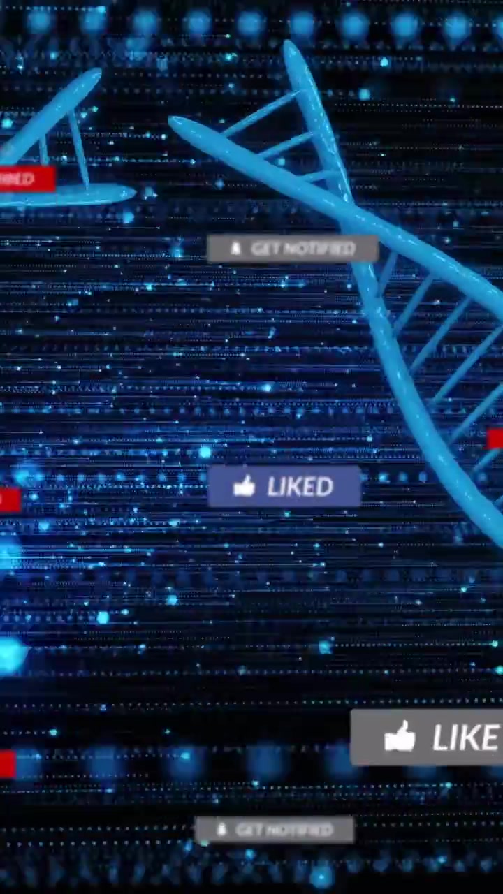 Video verticale: Cursore che clicca sul badge "MI PIACE", con un'elica di DNA che sale e badge che si muovono, mostrando attività.