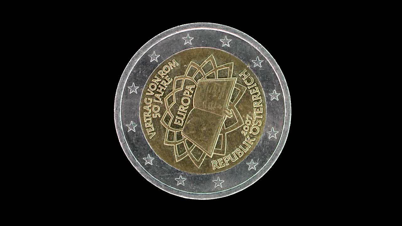 Austria 2007 2 euro obverse commemorating 50 years Treaty of Rome rotating on black background