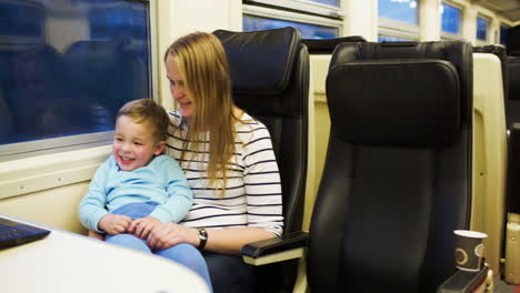 mother with child enjoying video on laptop in the train