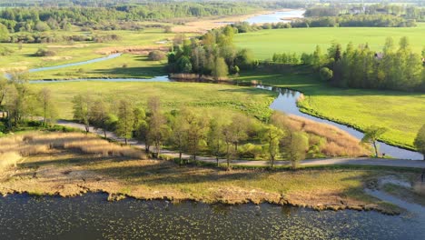 countryside landscape with curved river and empty road, aerial view