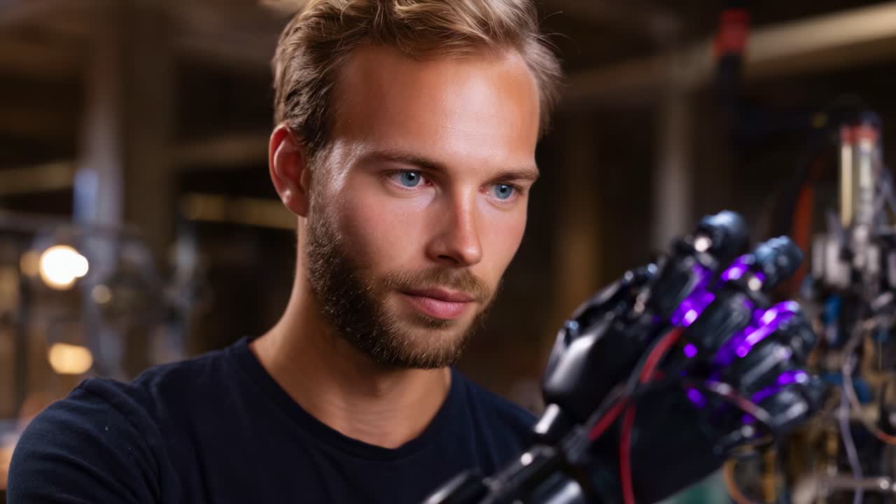 Soustředěný inženýr zkoumá robotickou ruku ve špičkové laboratoři s pokročilou technologií a složitými mechanismy zvýrazněnými v záběru