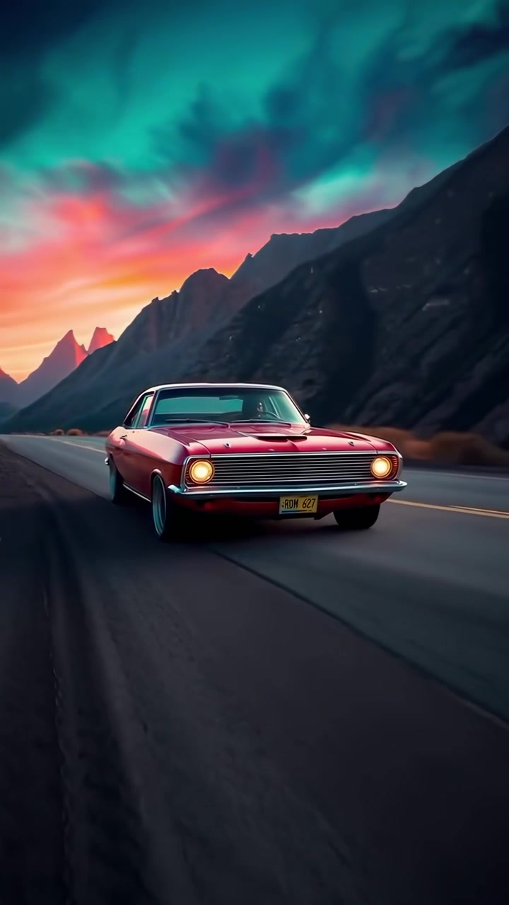 Auto d'epoca rossa che guida su una strada di montagna al tramonto