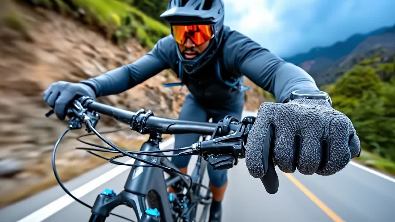 Un uomo in bicicletta su una strada di montagna