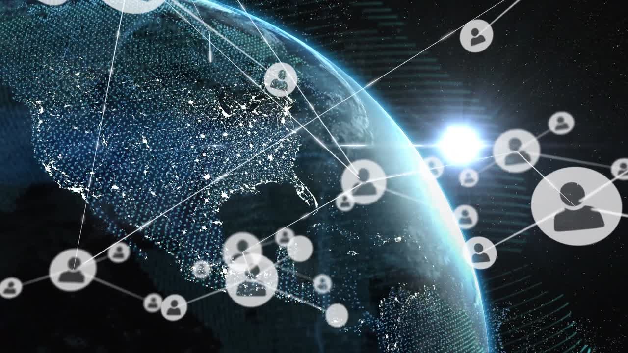 블랙 배경에 렌즈 플레어에 대해 지구상의 선으로 연결된 아이콘의 애니메이션