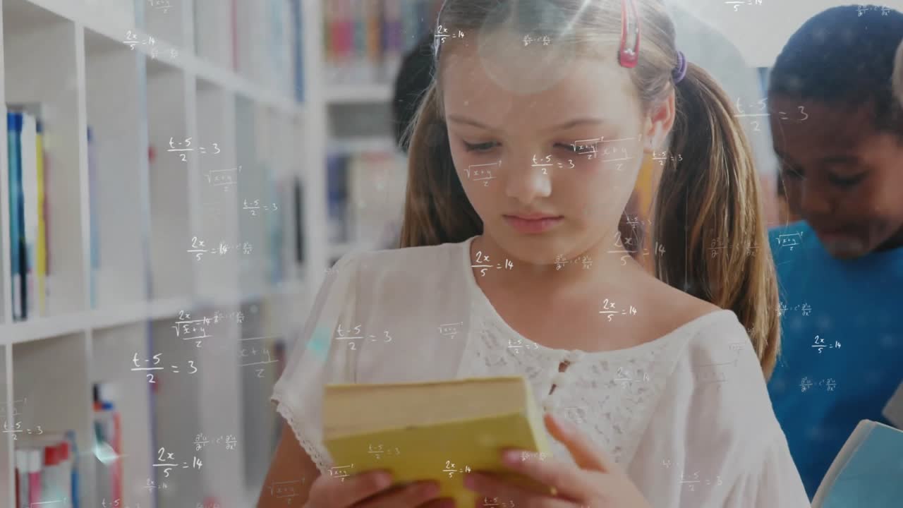 girl with pigtails picking yellow book from library shelf flipping pages and math formulas floating