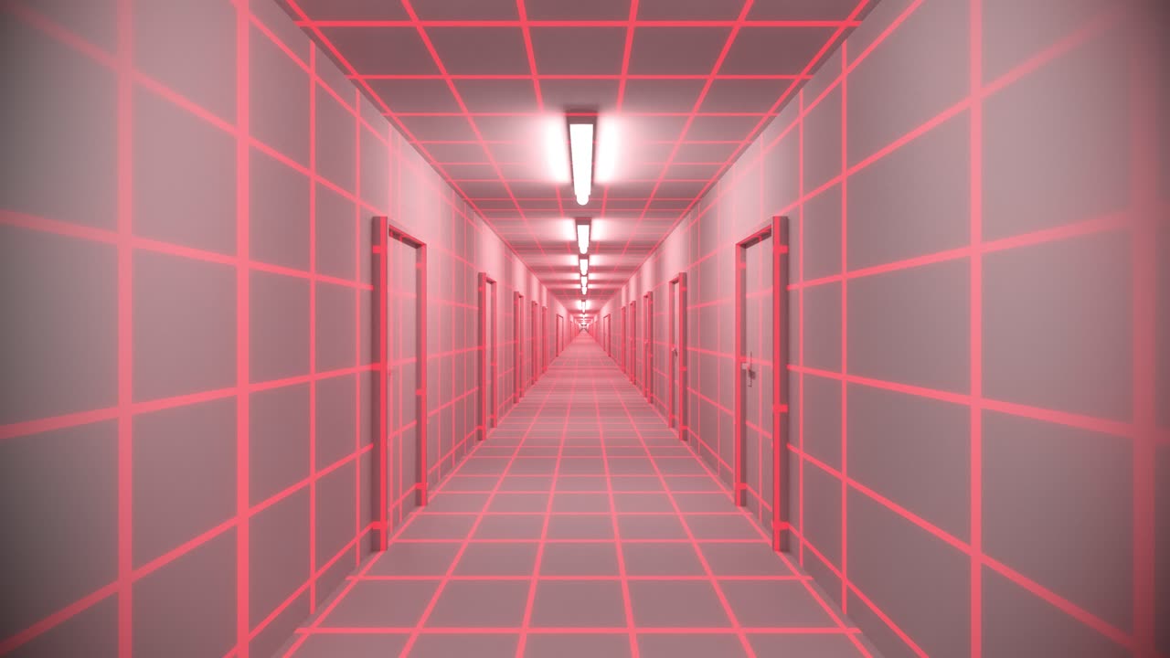 끝없는 색 복도 문, 네온 트론, 80년대 아케이드, 빛나는 루프, 와이어 프레임 매트릭스, 4k